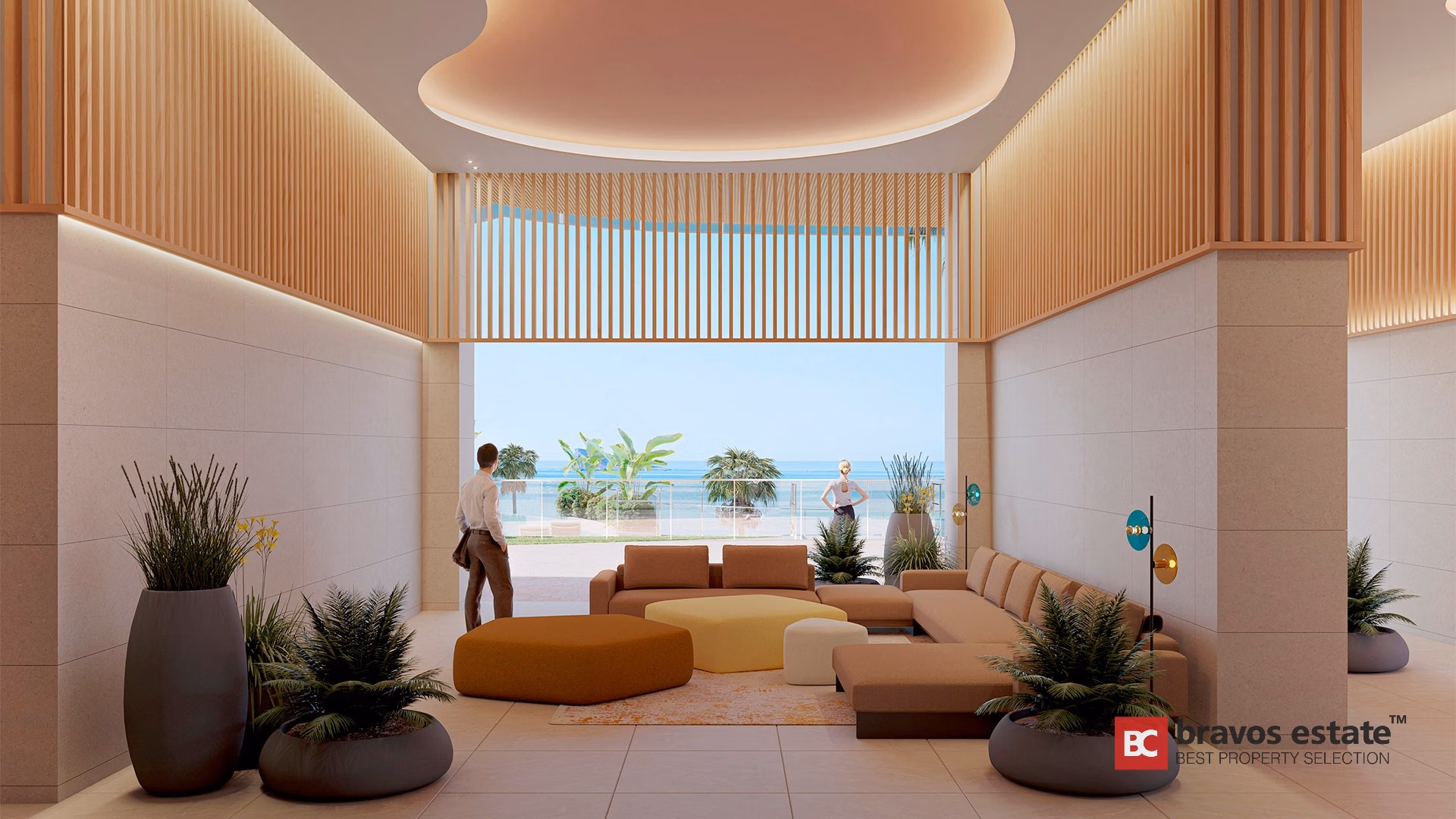 CGI render of TM Tower lobby with curved coved ceiling, warm wood slat panels, and open sea view