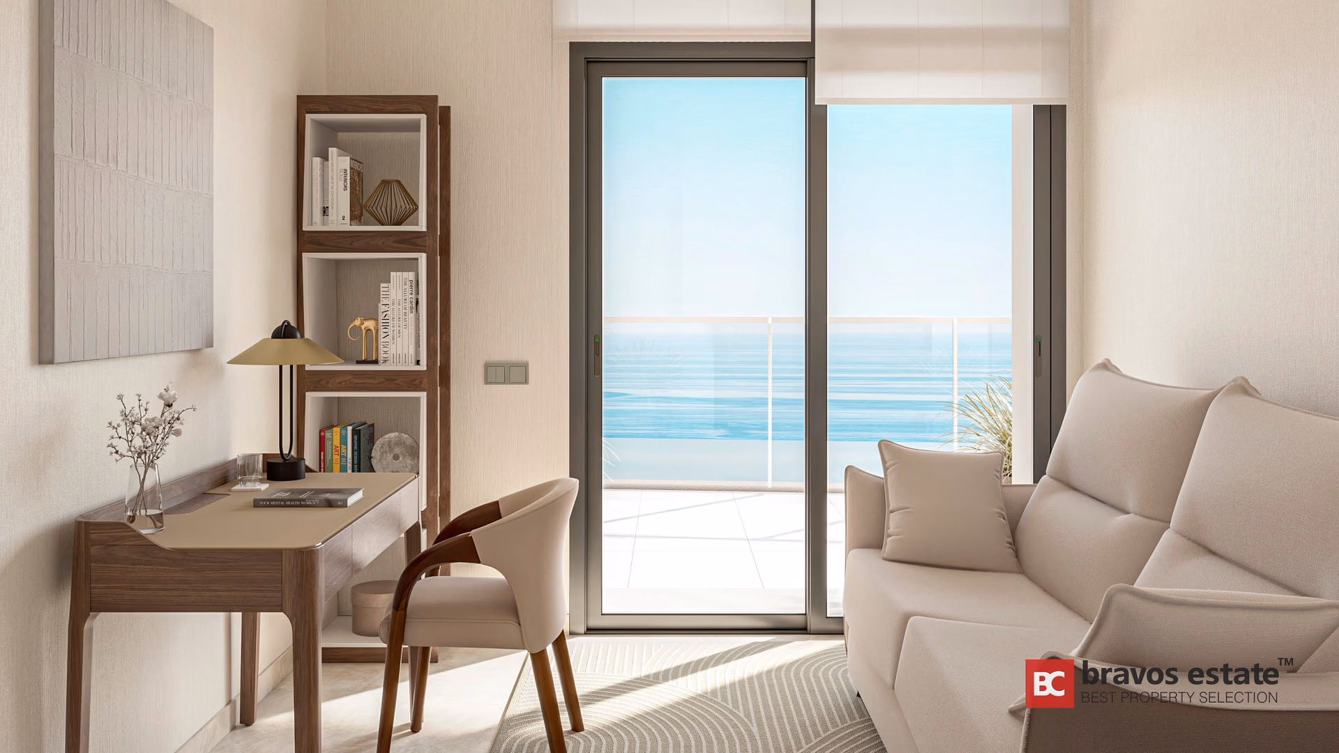 CGI render of TM Tower study nook with walnut desk, open shelving, and direct sea views through floor-to-ceiling balcony door