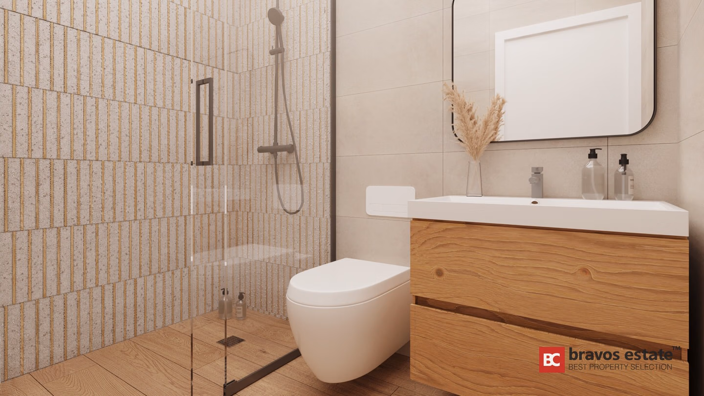 CGI render of a bathroom at Bonalba Green Villas showing a walk-in shower with textured tiles, wall-hung WC, and floating oak-finish vanity unit.