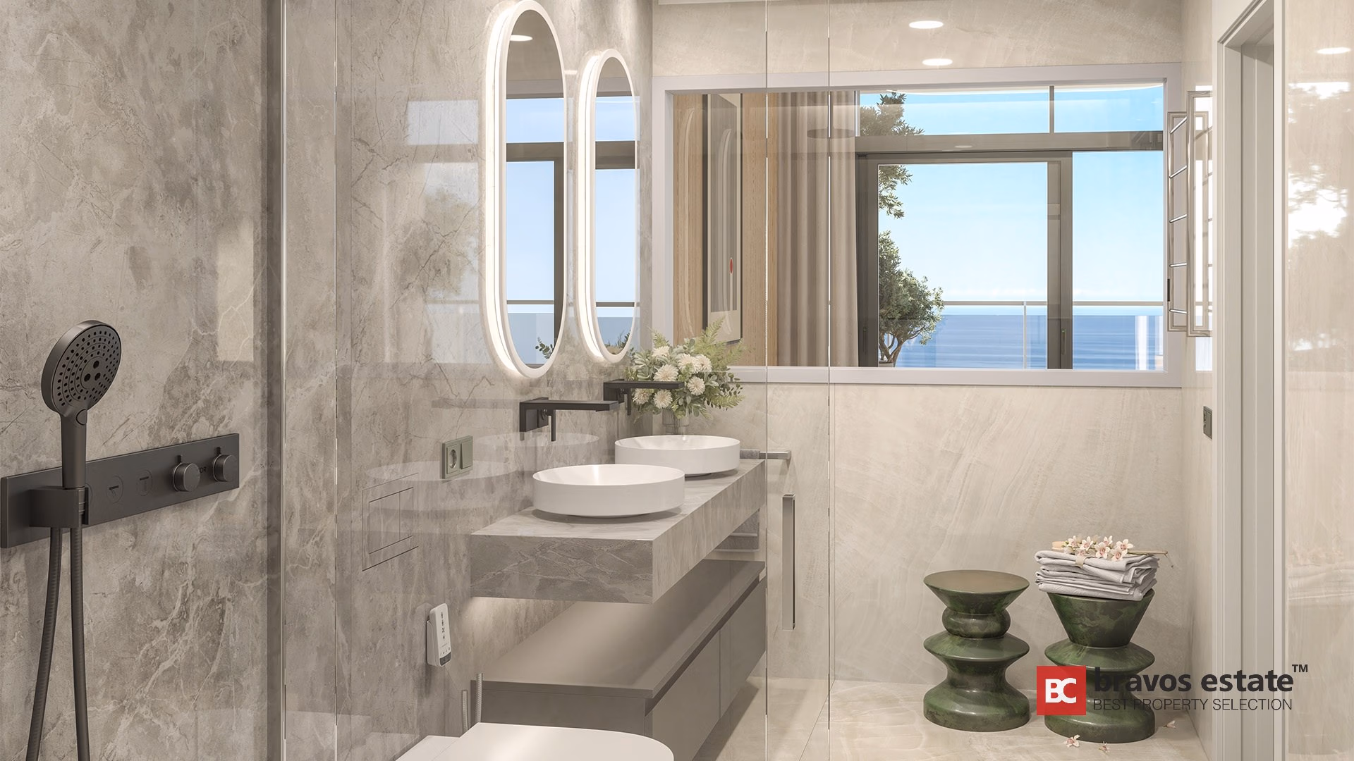 CGI render of TM Tower bathroom with grey marble walls, oval backlit mirrors and matte black fixtures