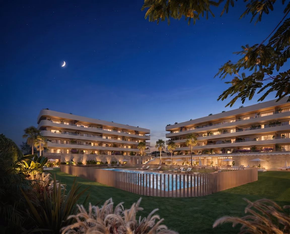 Ocean Garden de nuit, façades éclairées et espaces paysagers