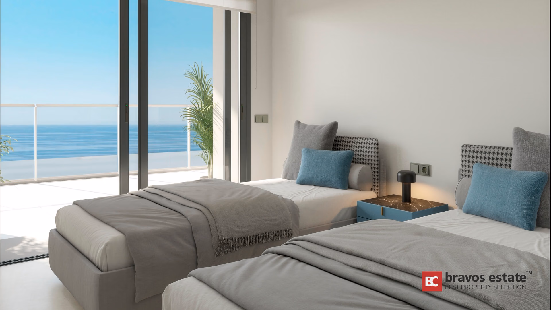 Twin bedroom in TM Tower Benidorm with floor-to-ceiling sliding doors opening to sea-view terrace