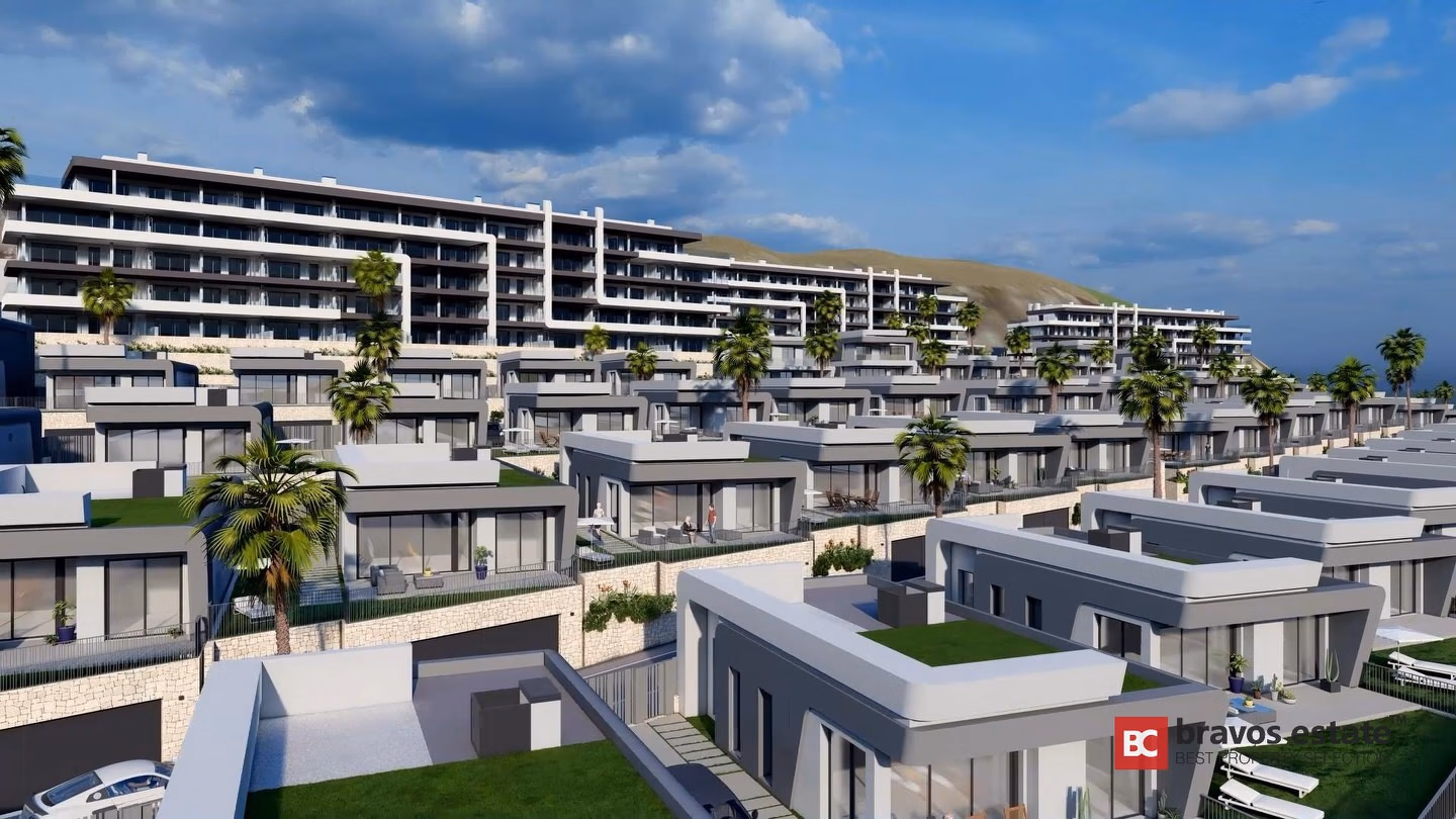 CGI render of Bonalba Green Villas showing rows of modern flat-roof detached villas with private pools and palm trees, with a large resort apartment block behind.