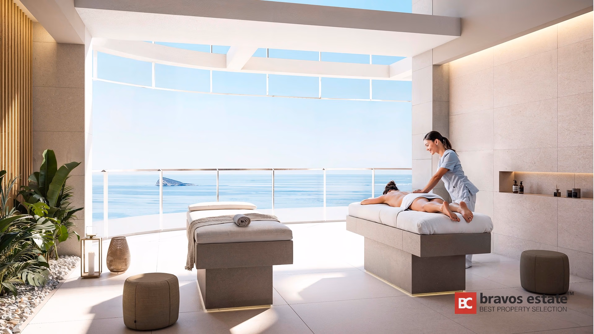 Spa treatment room at TM Tower with floor-to-ceiling glass overlooking Benidorm sea and island