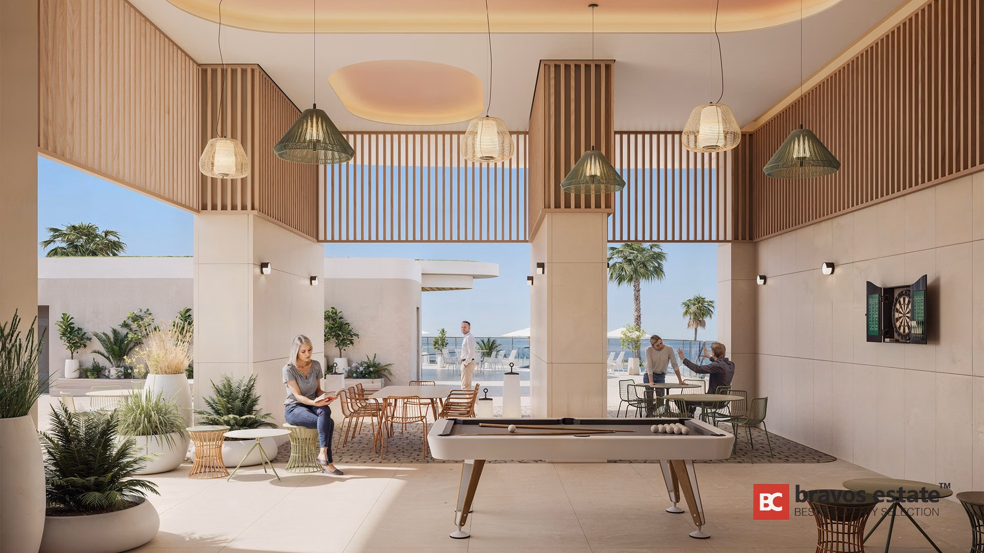 CGI render of TM Tower residents lounge with pool table, dart board, rattan pendant lights and sea views