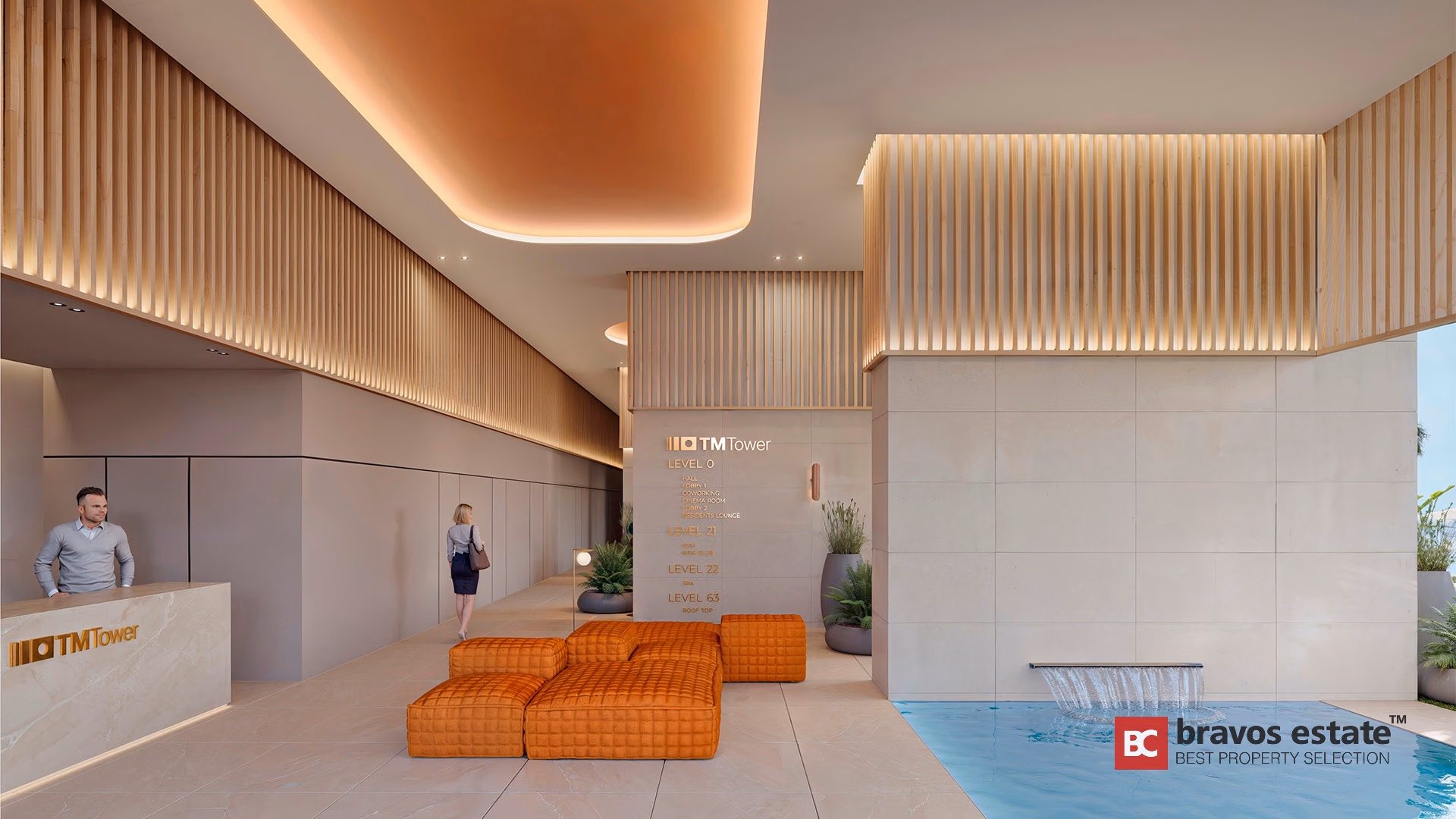 TM Tower Benidorm lobby render with orange modular seating, slatted wood ceiling panels, and waterfall pool feature