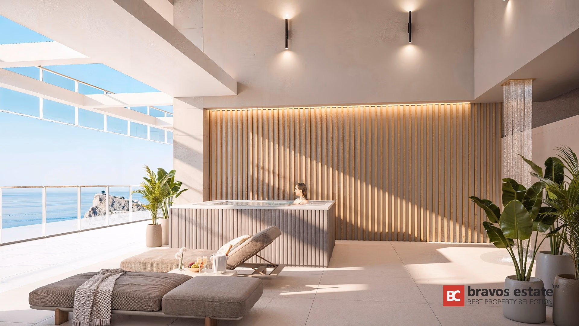 CGI render of TM Tower spa terrace with fluted jacuzzi, backlit oak slat wall, and sea views in Playa de Poniente Benidorm