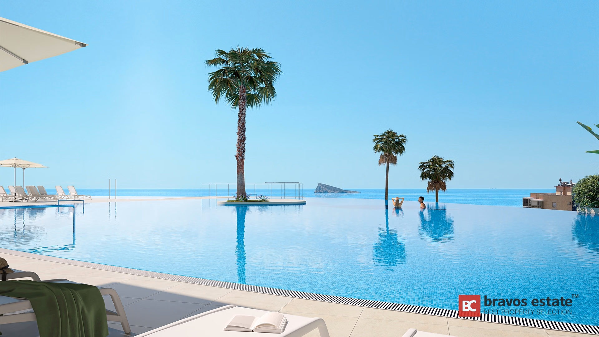 CGI render of TM Tower infinity pool with palm islands, sun loungers, and Benidorm rock sea views