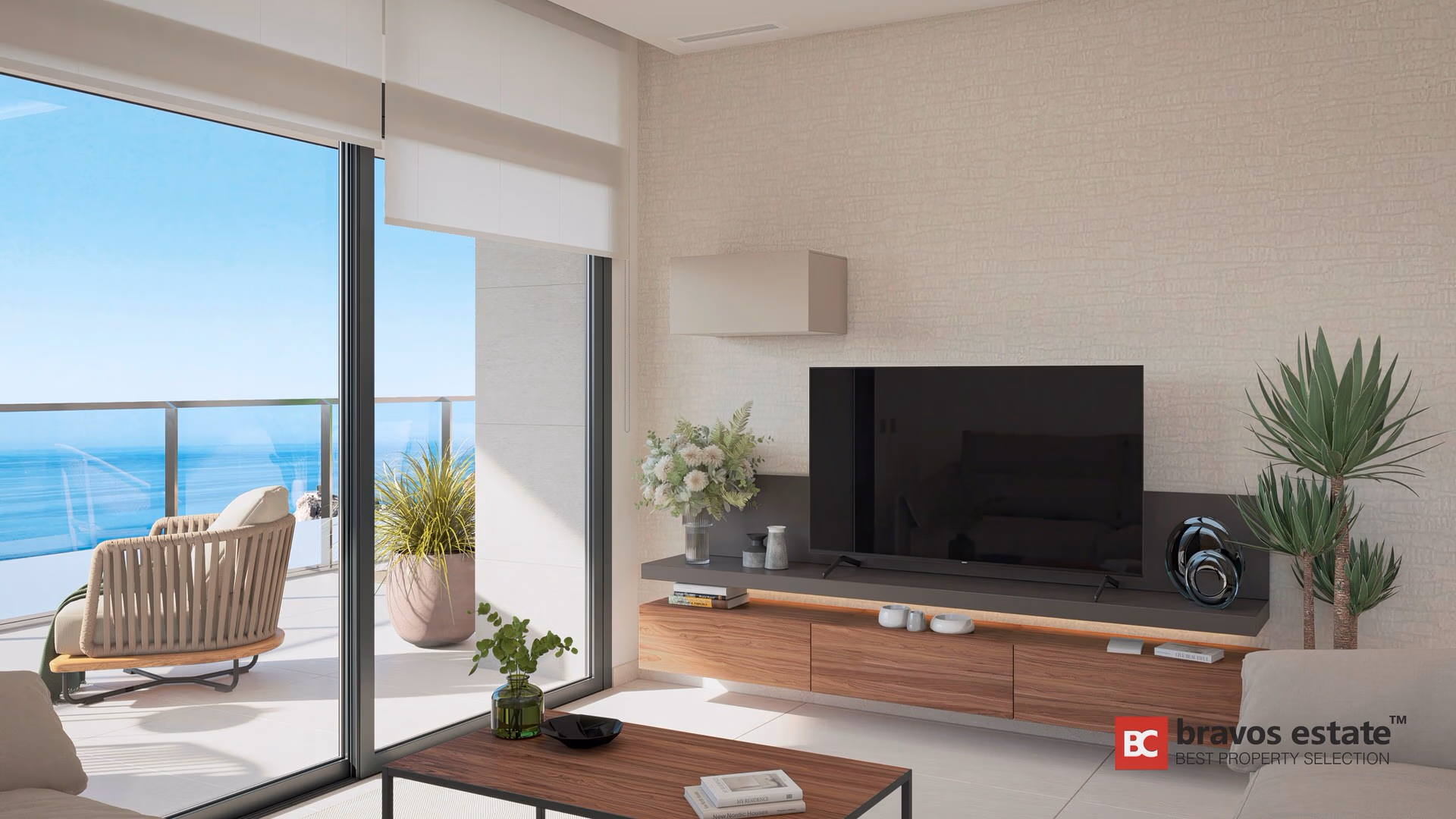 CGI render of TM Tower living room with walnut TV unit, linen-textured walls, and direct sea views through floor-to-ceiling sliding doors