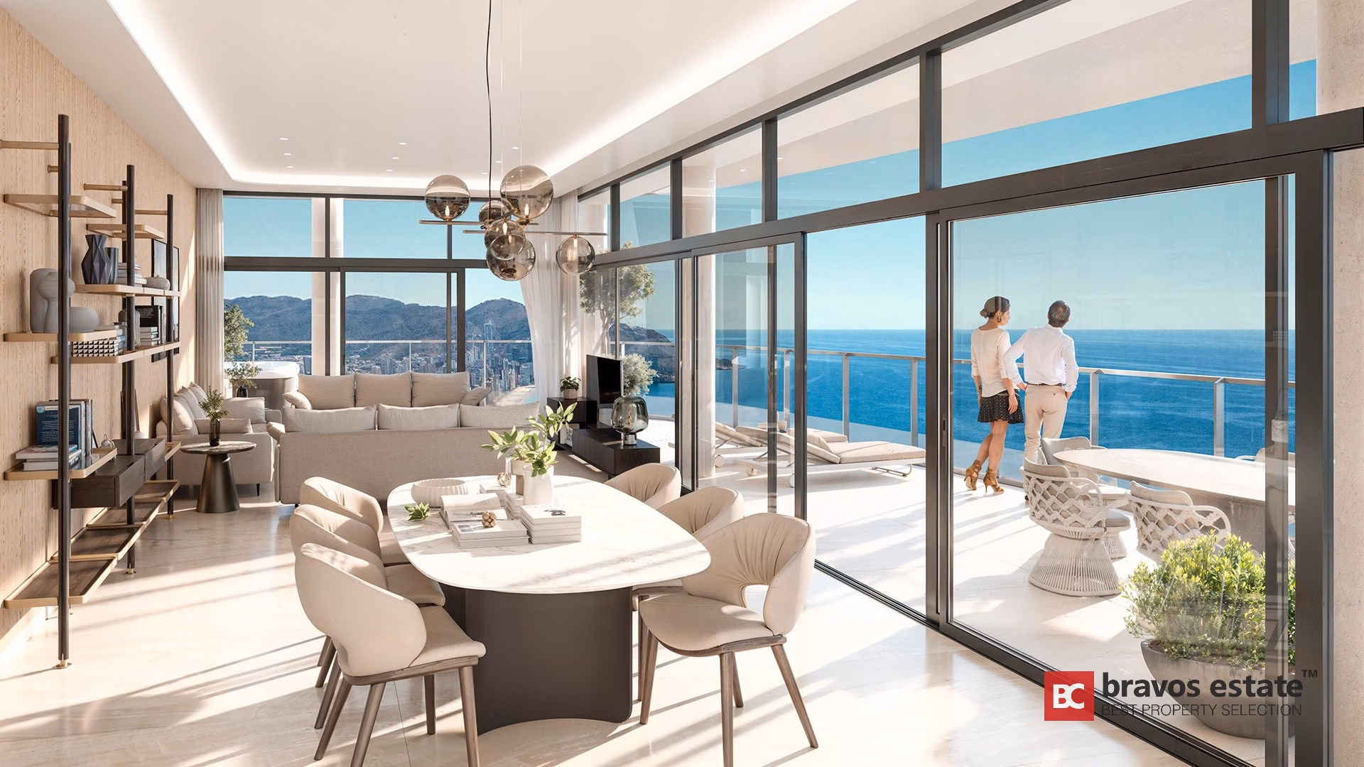 CGI render of TM Tower living-dining room with marble oval table, globe pendants, and full-height glazed sliding doors opening to sea-view terrace in Playa de Poniente, Benidorm