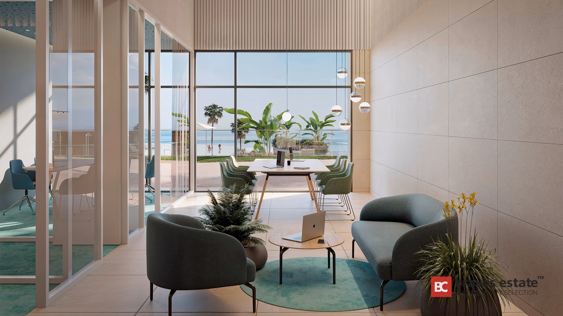 CGI render of TM Tower communal lounge with floor-to-ceiling glass, green armchairs, pendant globe lights and direct sea view in Playa de Poniente, Benidorm