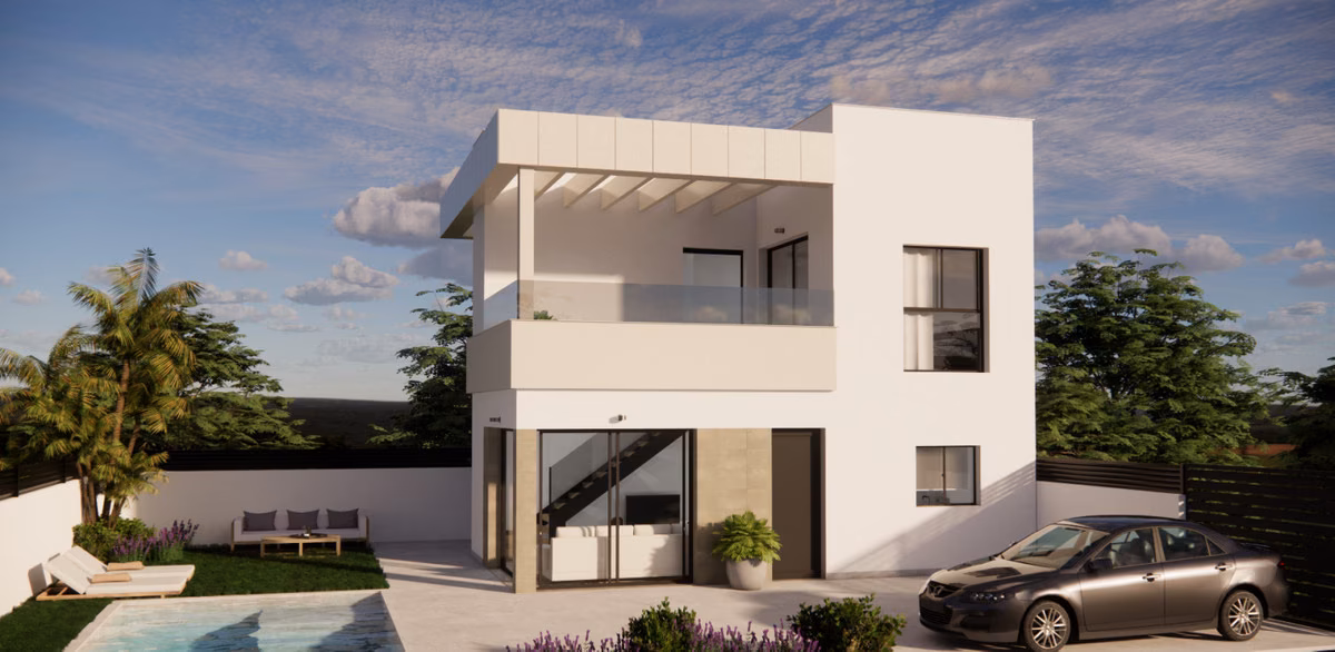 Visualisierung der Vorderseite mit Stellplatz, Garten und Pool