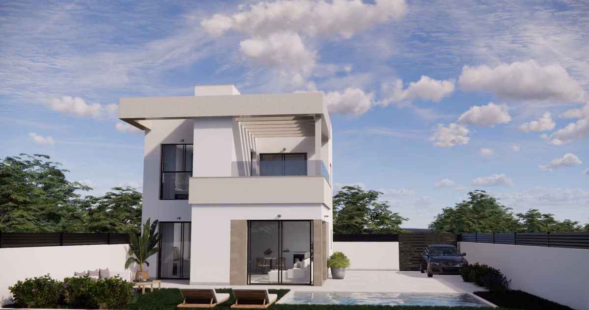 Visualisierung der Villa von der Gartenseite mit Pool im Vordergrund