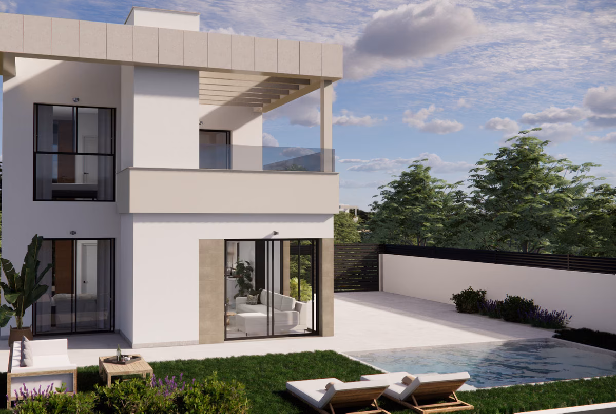Liegen am Pool unter der Terrasse mit Glasgeländer