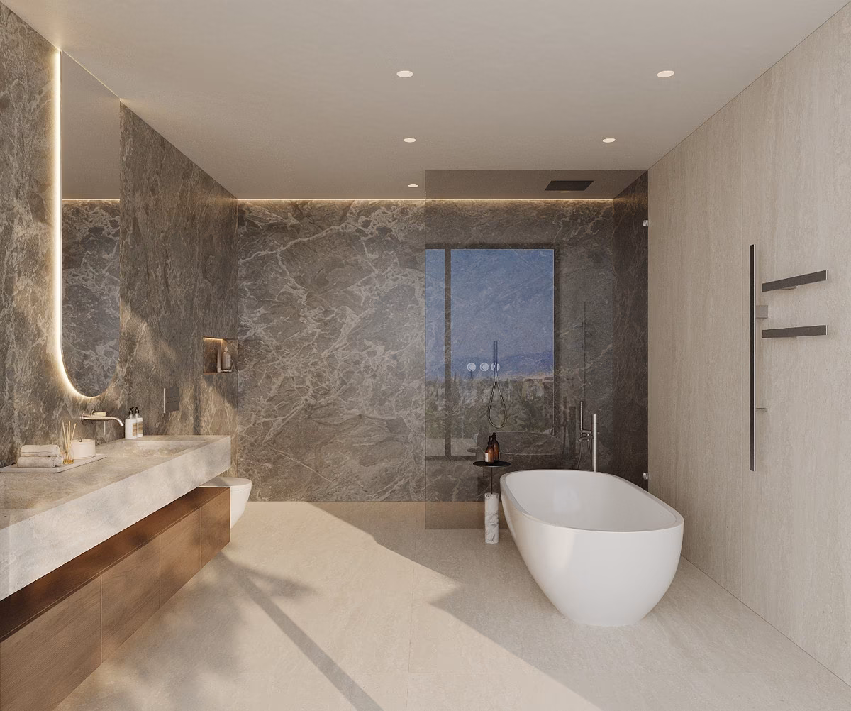 Baño de una villa con bañera exenta