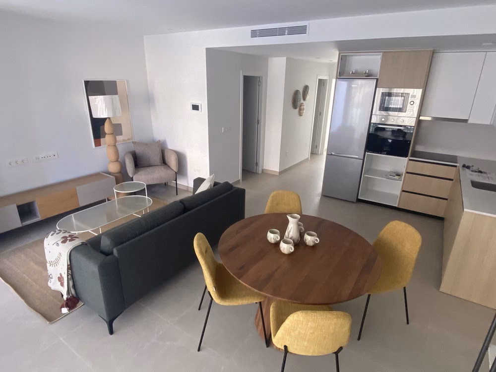 Living and dining area with an open kitchen
