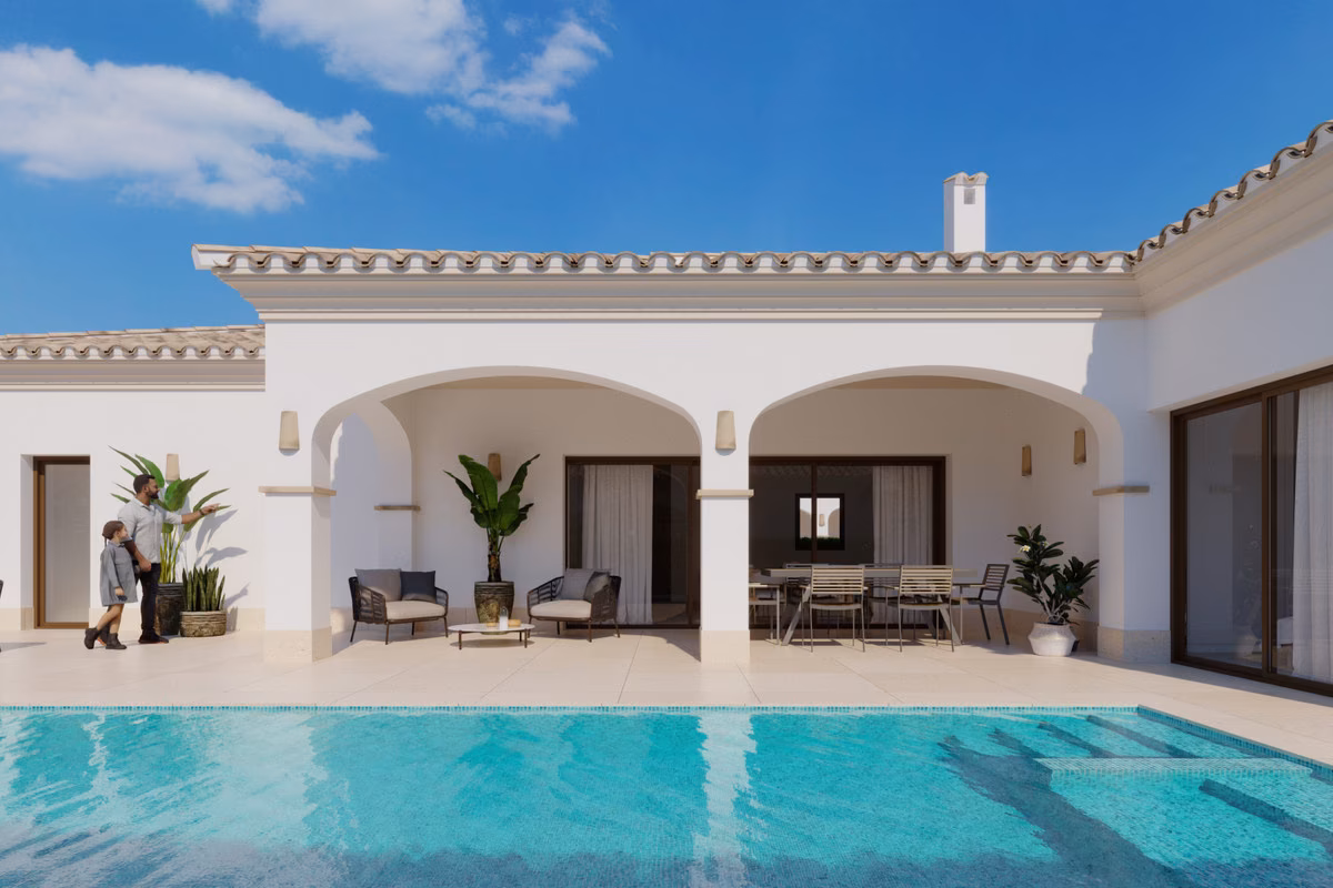 Arched covered terrace running along the private pool