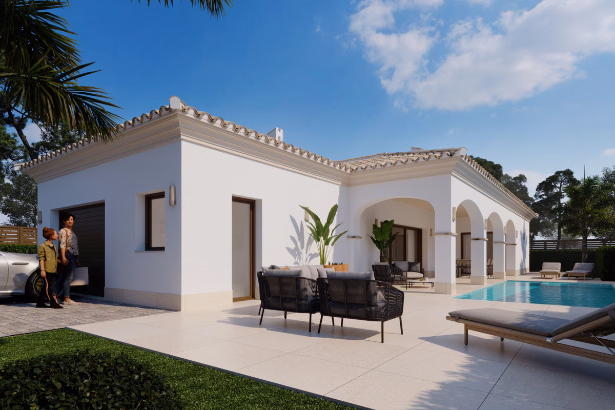 Side elevation of the villa with garden seating
