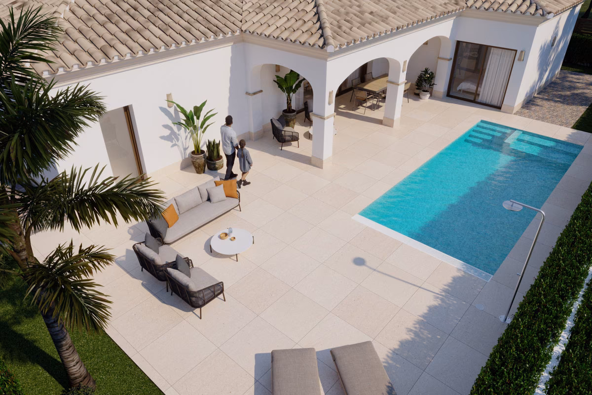 View from above of the pool and arched terrace