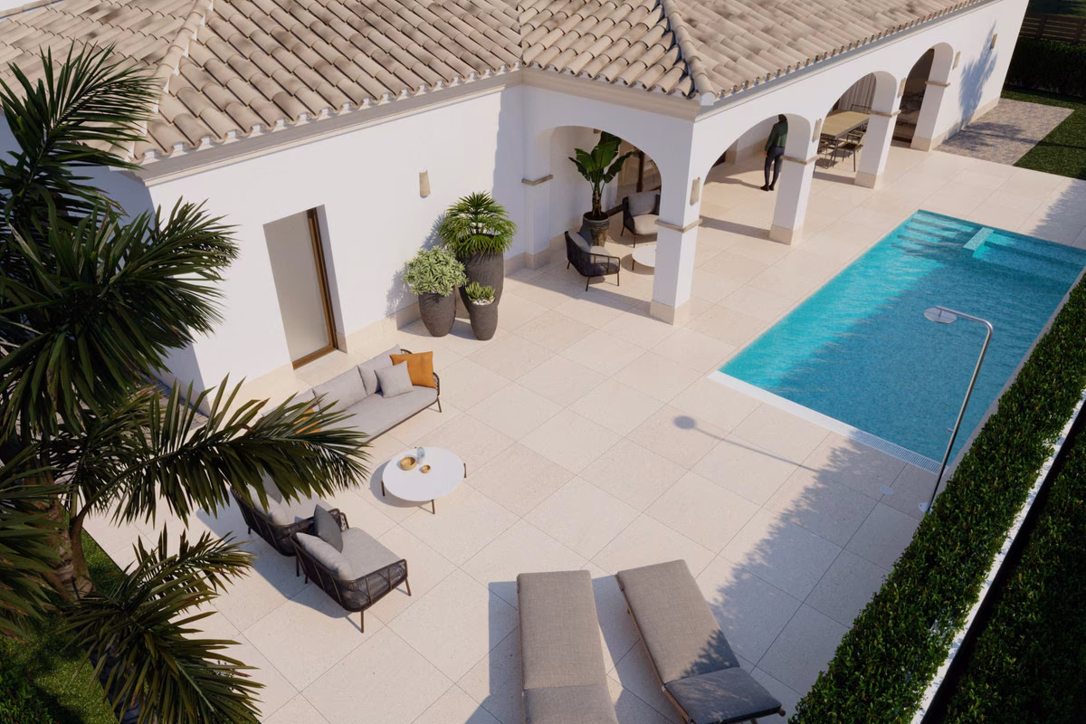 Aerial view of the terrace, pool and loungers