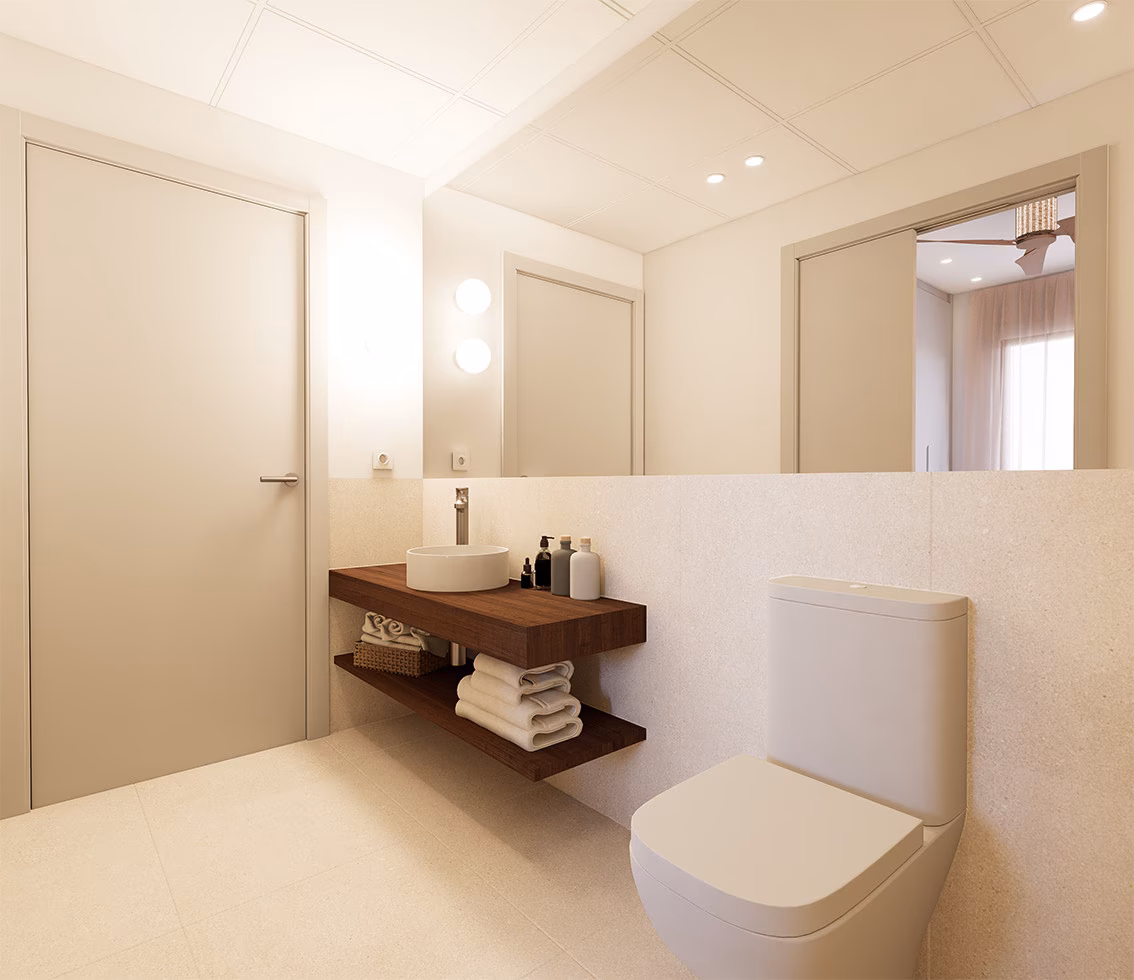 Bad mit Holzunterschrank und Aufsatzwaschbecken
