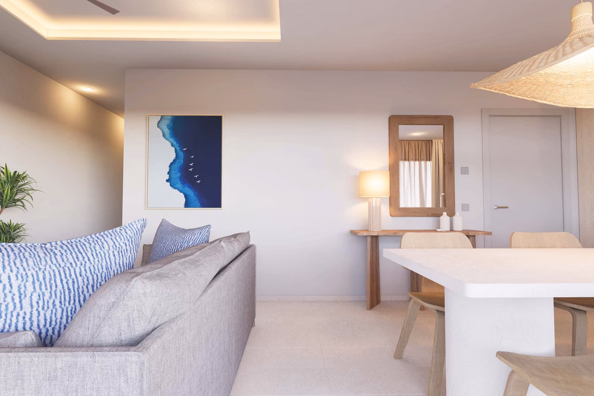 Living and dining area with a long white table