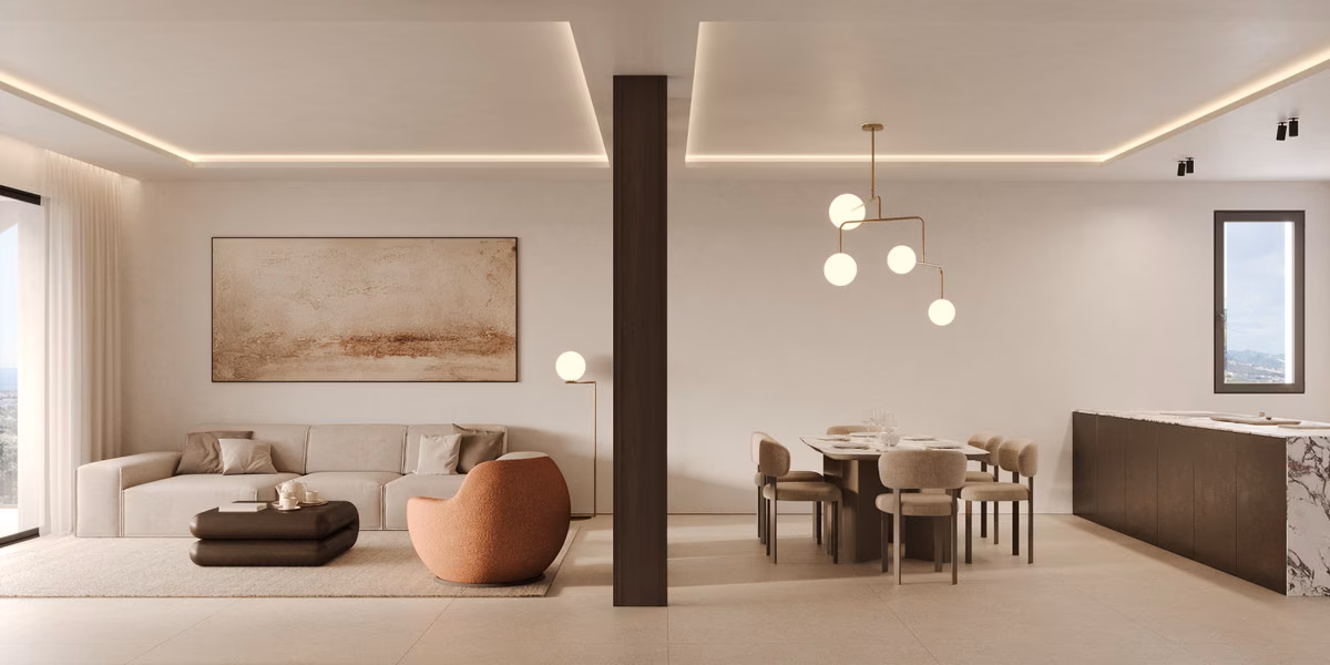 Open-plan living and dining area with pendant lights