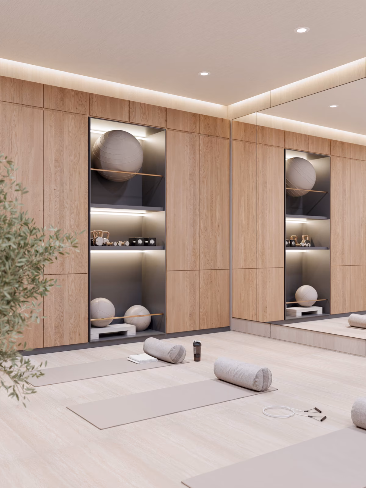 Yoga and pilates studio with wooden wall units