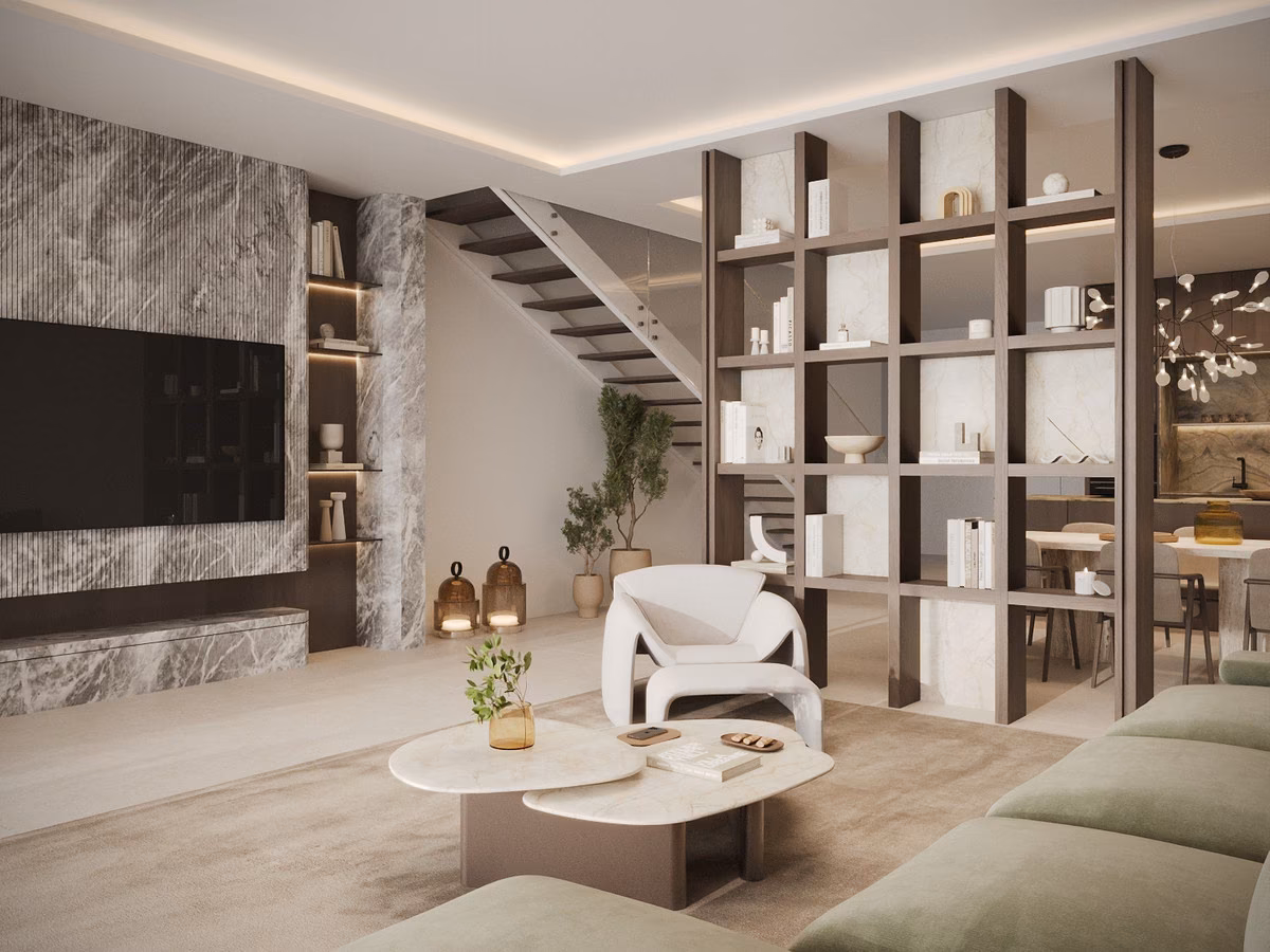 Duplex penthouse living room with marble wall and internal staircase
