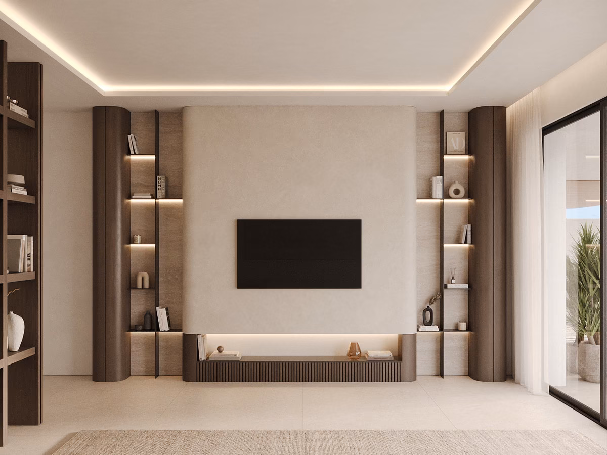 Living room with illuminated shelving and TV wall