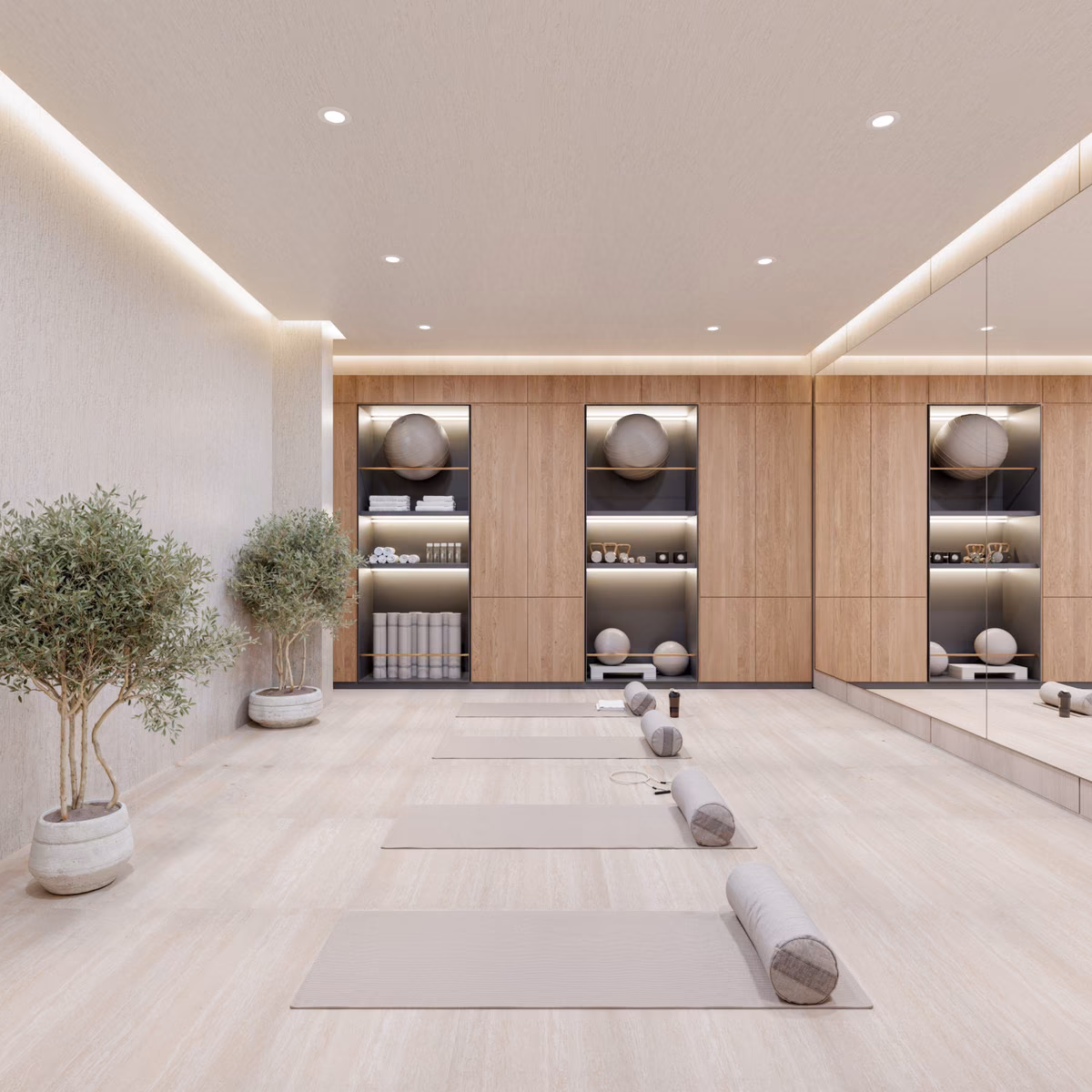 Yoga studio with mats and potted olive trees