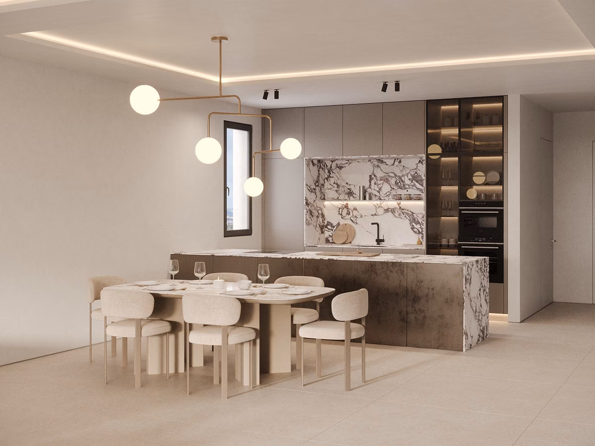 Kitchen with marble splashback and island dining table