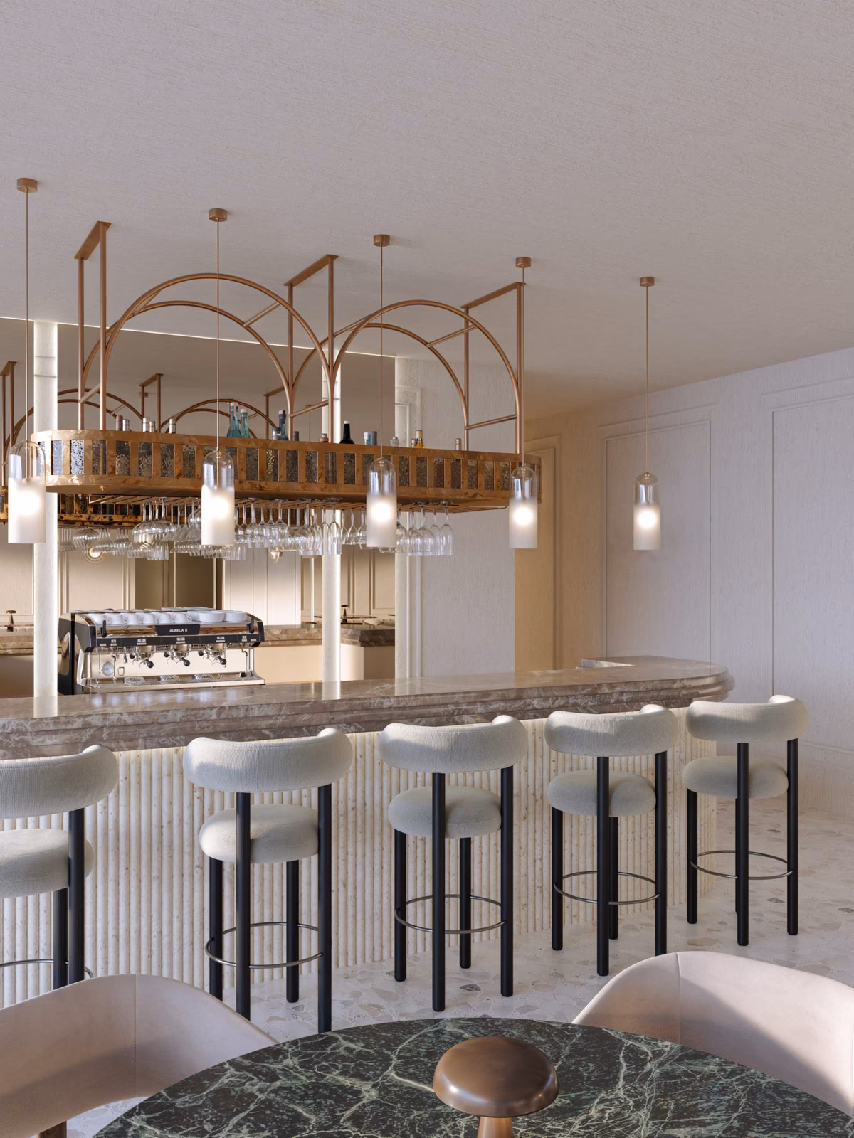 Lounge bar counter with high stools