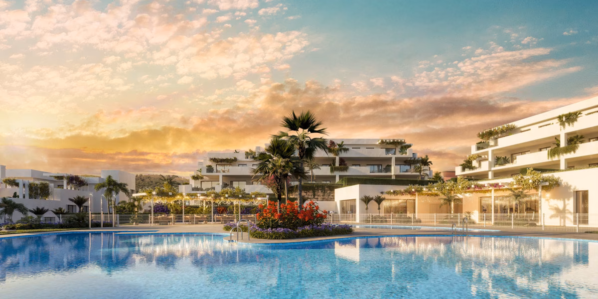 Pool with palm trees and terraced blocks at sunset