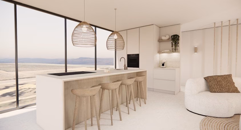 Kitchen with island and bar stools