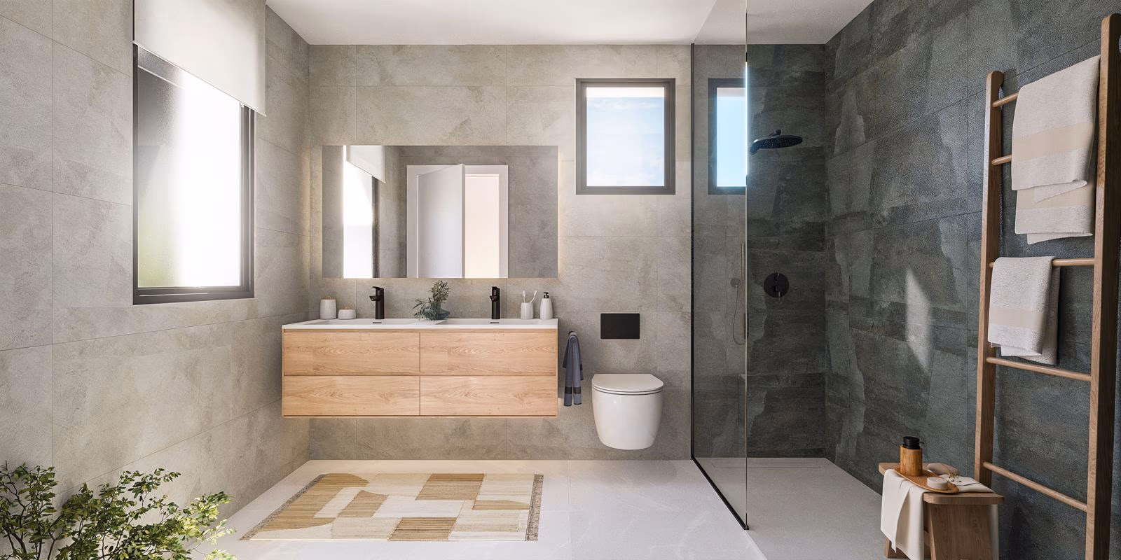 Badezimmer mit Doppelwaschbecken und begehbarer Dusche