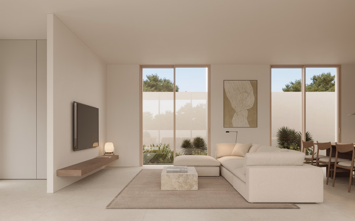 Open-plan living room with floor-to-ceiling windows