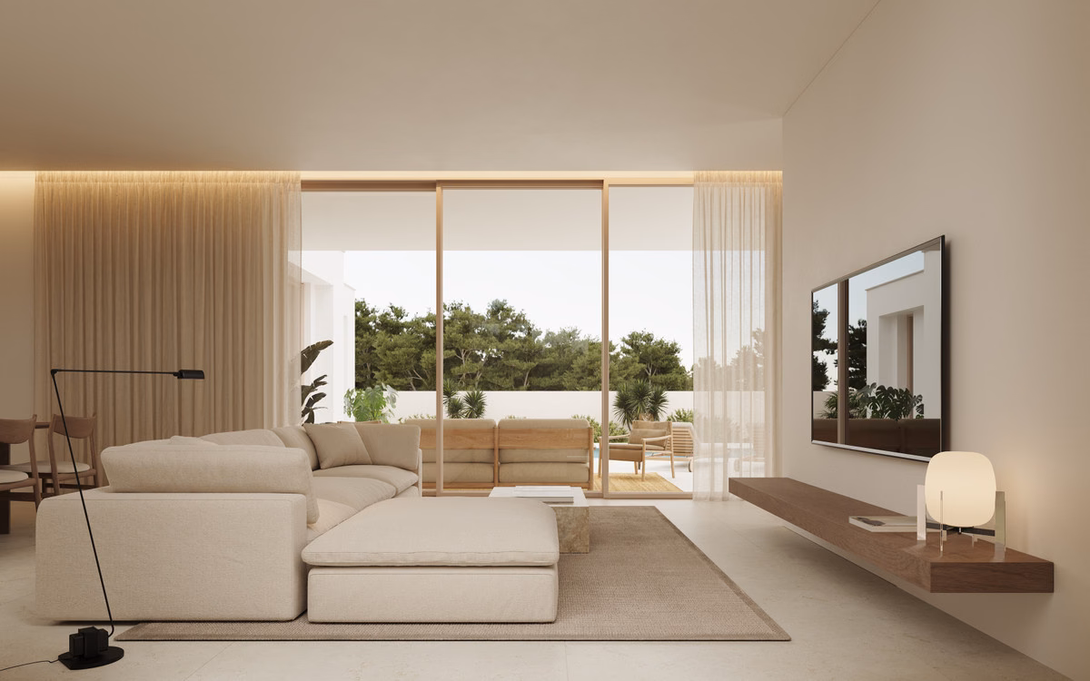 Living room in the evening with terrace doors