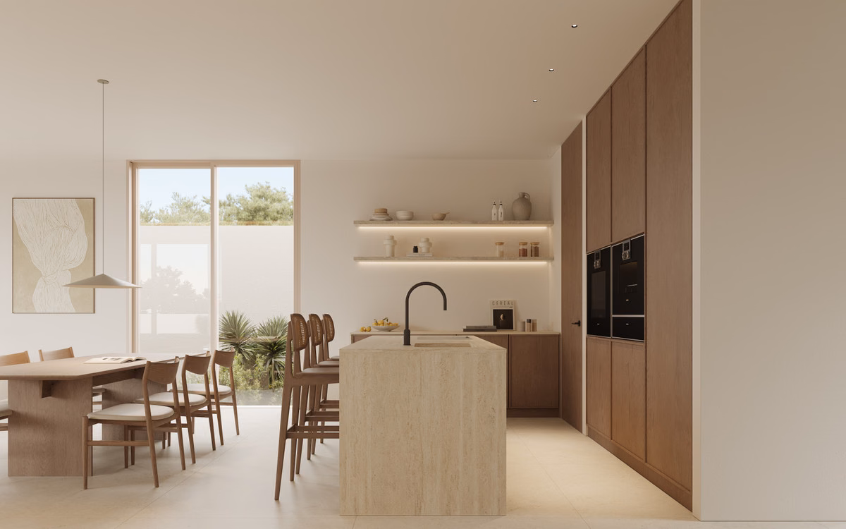 Kitchen and dining area with a central island