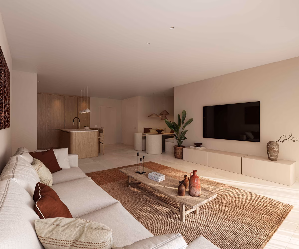 Wohnzimmer mit Sofa und TV-Wand