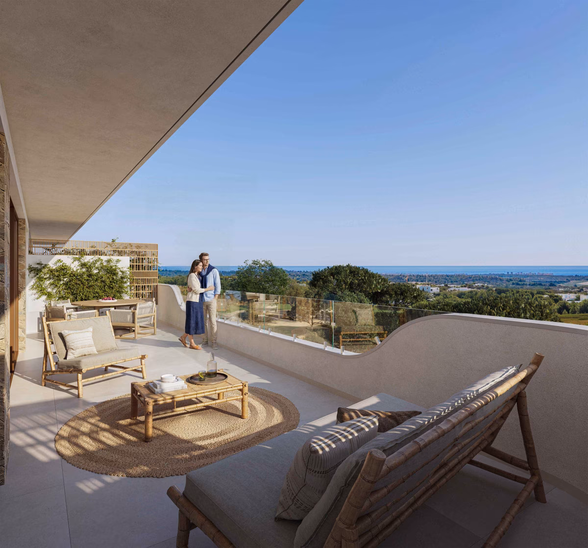 Frontterrasse mit Loungemöbeln und Meerblick