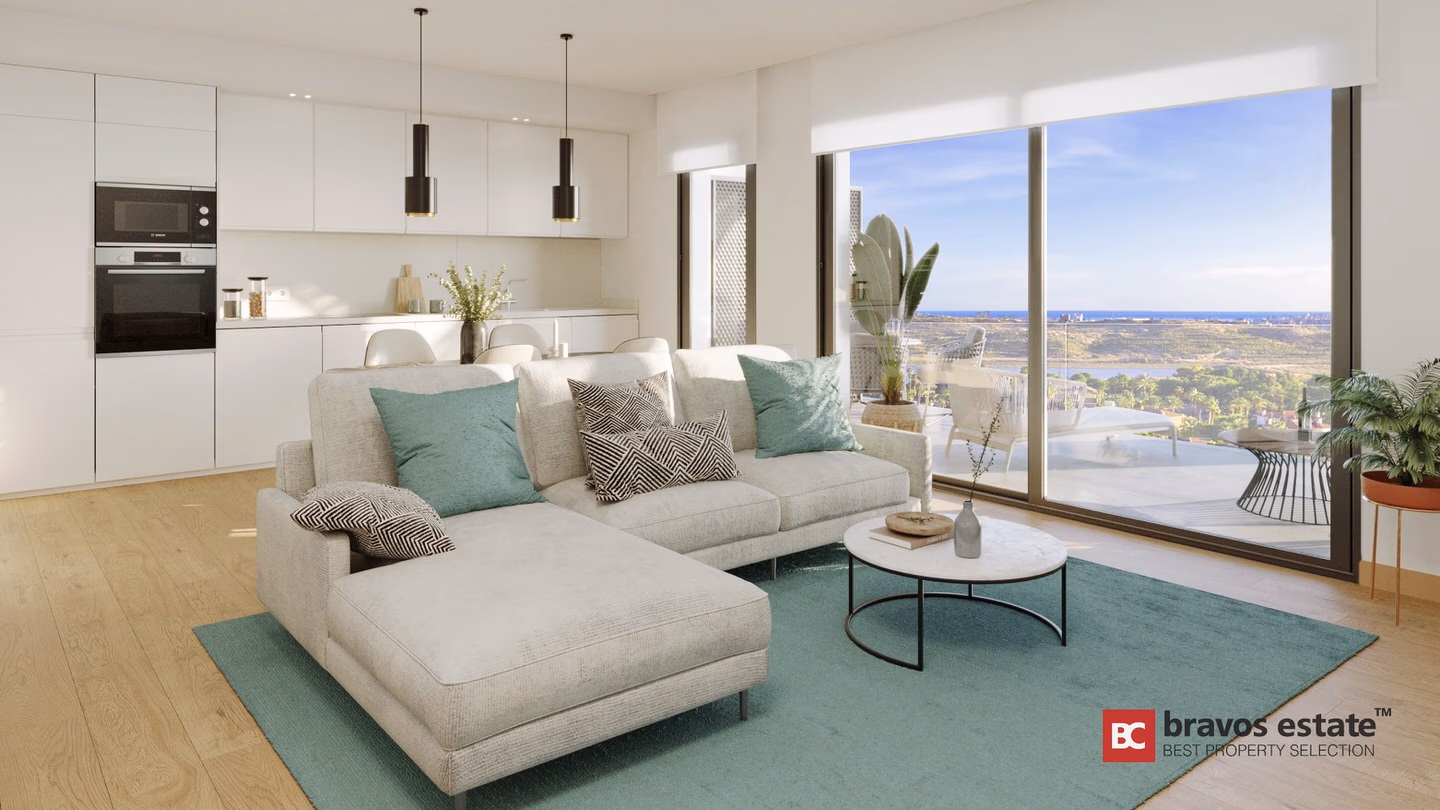 Render CGI del salón de planta abierta con cocina integrada en Bonalba Green, con ventanales del suelo al techo y vistas al mar y al resort de golf.