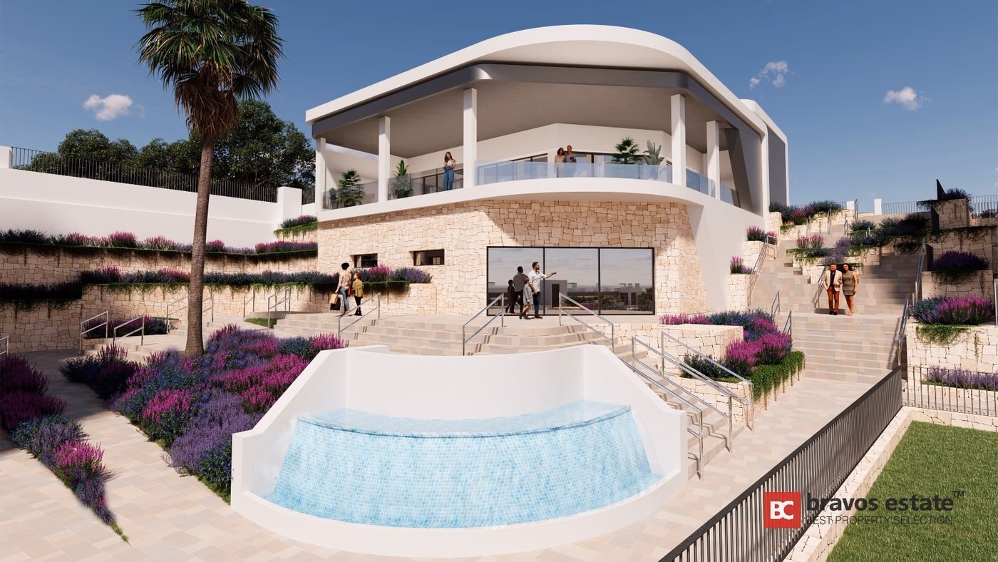 Render CGI del edificio comunitario curvo de Bonalba Green con revestimiento de piedra, piscina semicircular, jardines en terraza con lavanda y balcón perimetral superior en el resort de golf Bonalba.