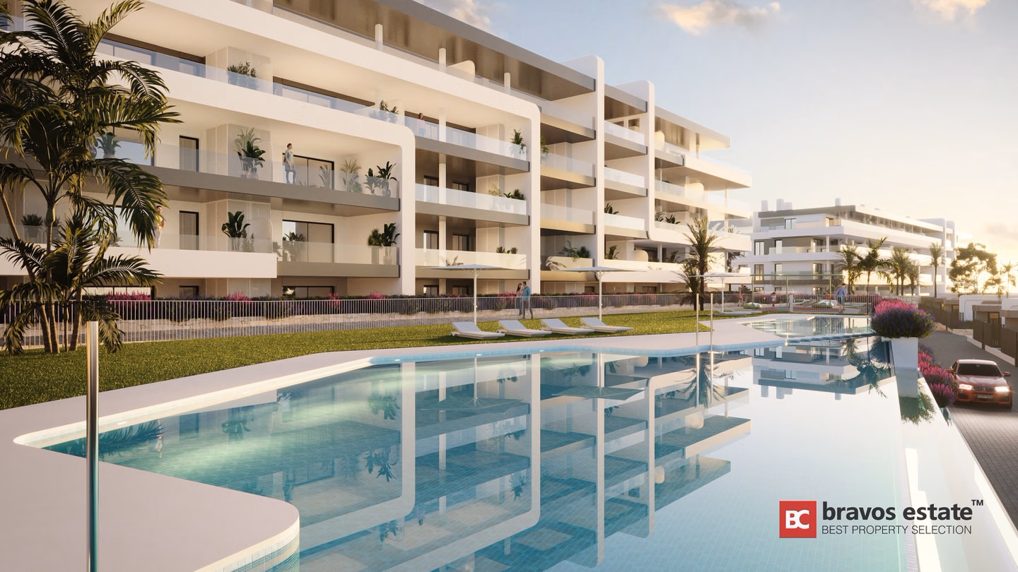 CGI render of Bonalba Green Villas showing a communal pool with sun loungers, lush lawn, and white multi-storey residential blocks with plant-lined balconies at Bonalba Golf Resort.