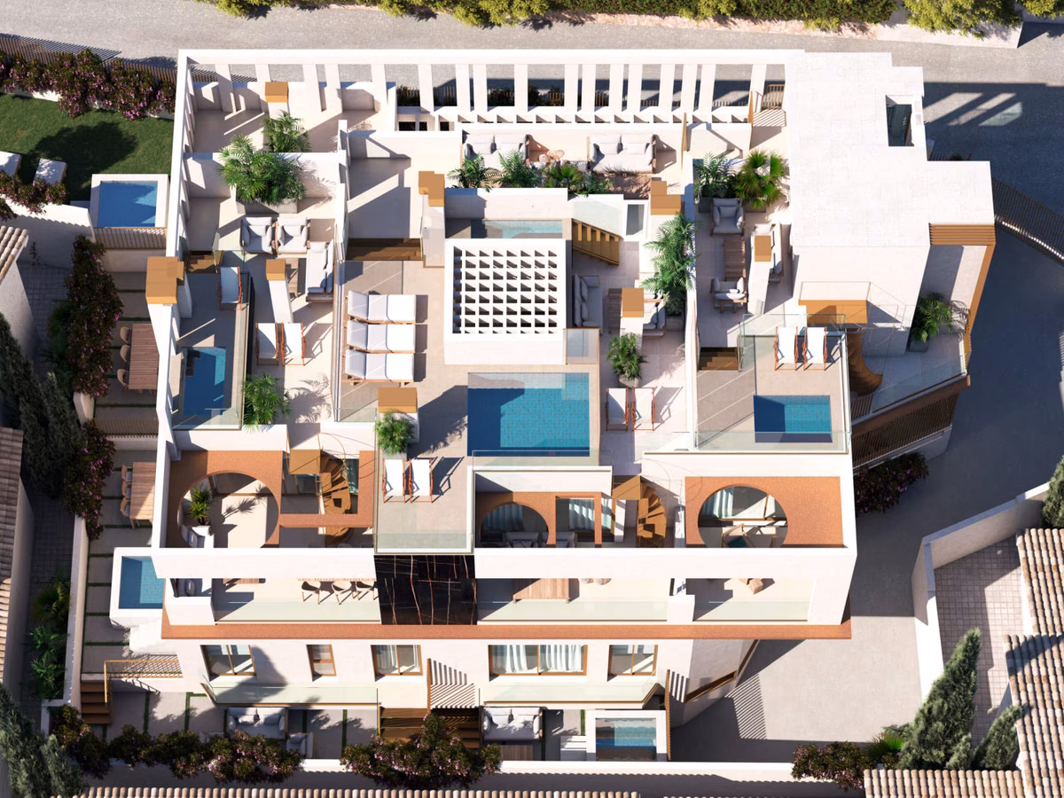 Aerial view of the building with private pools on the terraces and roof
