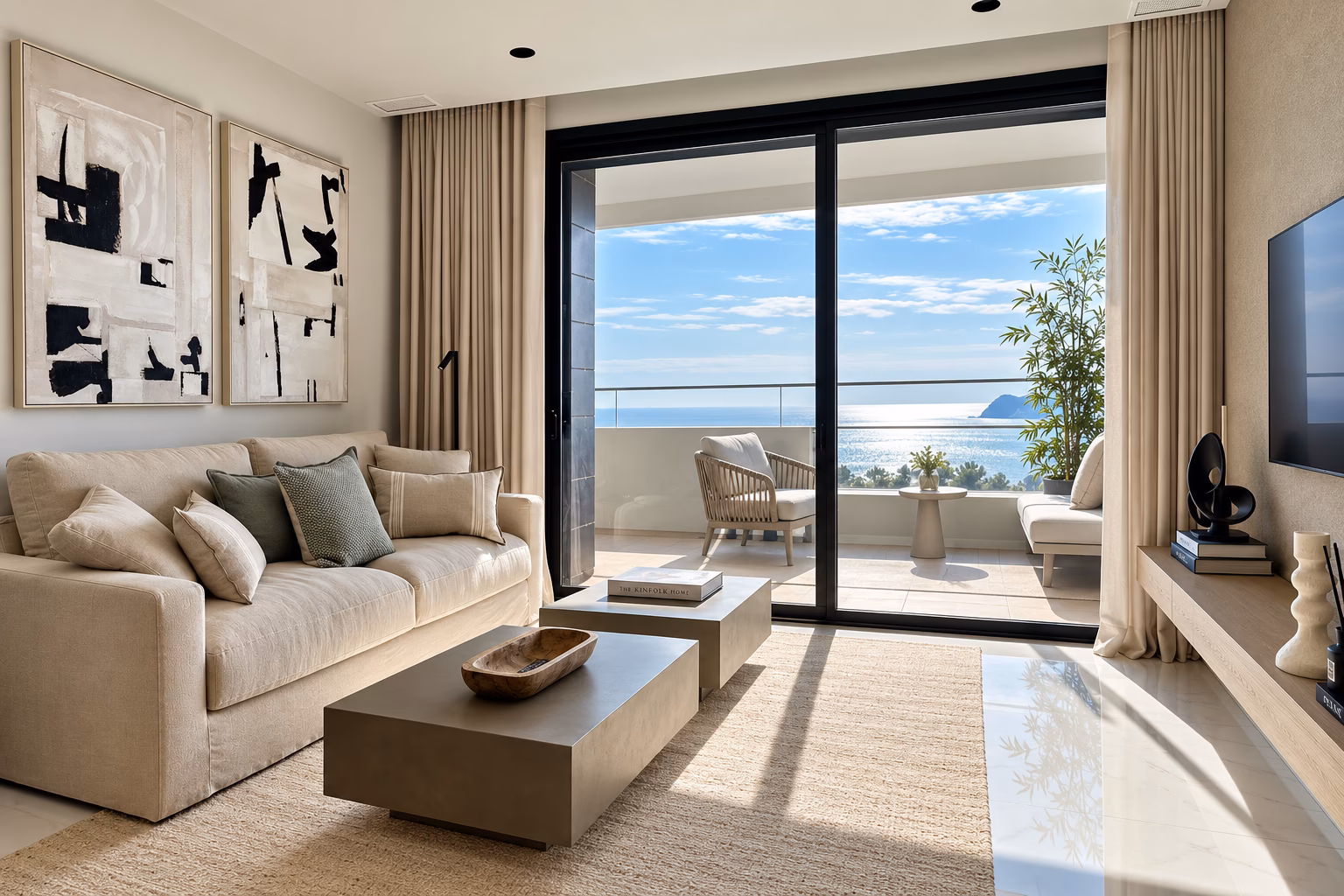 Salón con sofá y puertas correderas a la terraza, con el mar al fondo