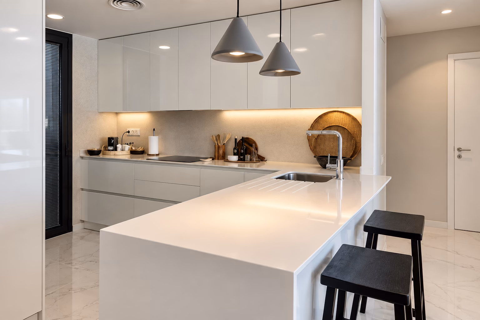 Cocina blanca con barra y dos taburetes