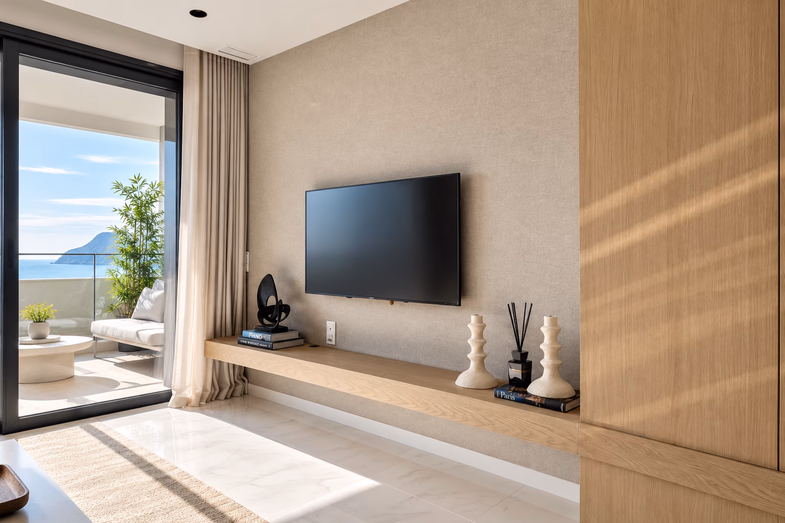 Salón con televisor de pared y correderas a la terraza
