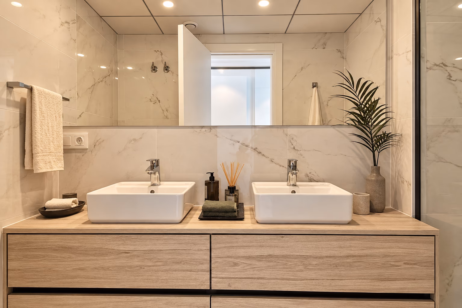 Baño con doble lavabo sobre mueble de madera