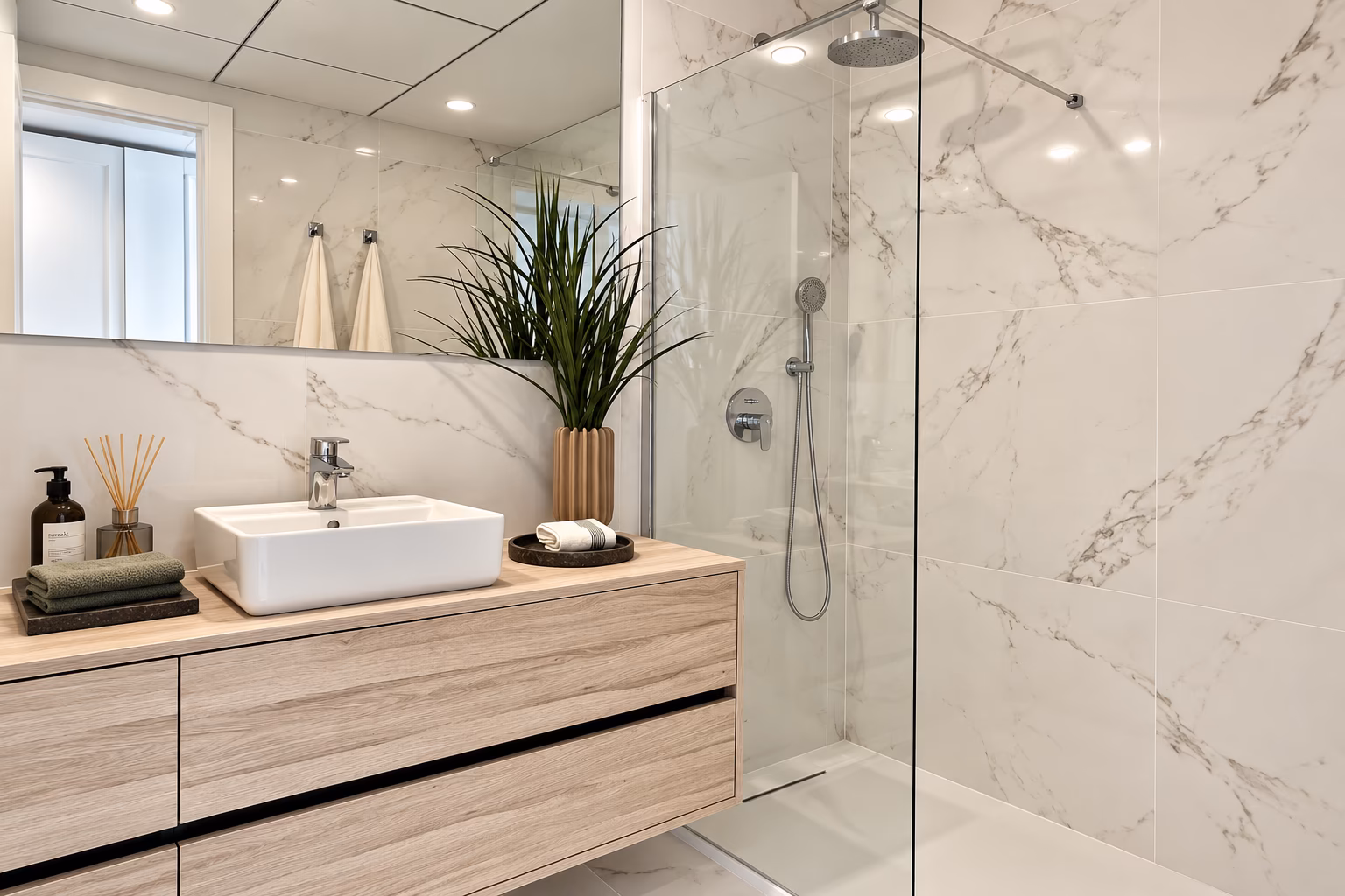 Baño con ducha de mampara de vidrio y un lavabo